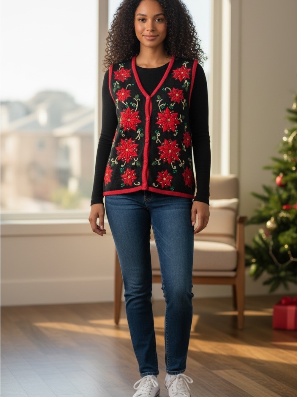Bobbie Brooks Black Knit Vest with Red Poinsettias